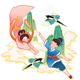 国潮工笔淡雅牛郎织女