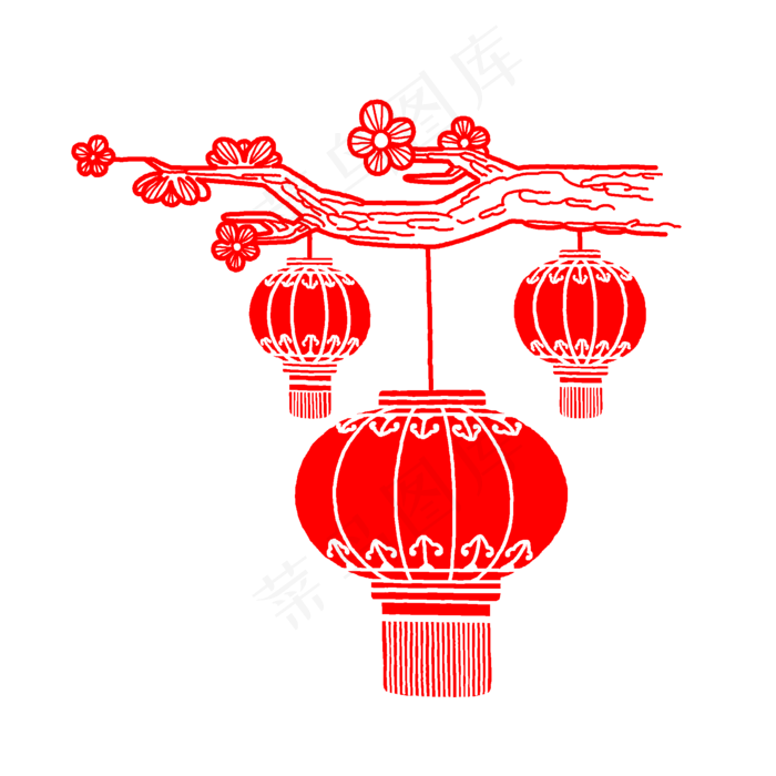 梅花枝挂灯笼剪纸插画,免抠元素