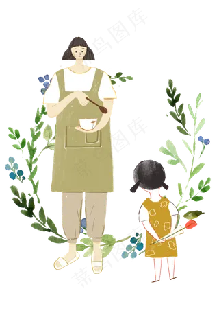 手绘母亲节妈妈给女儿喂饭,免抠元素