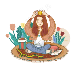 女王节戴王冠的女孩小清新插图png,免抠元素