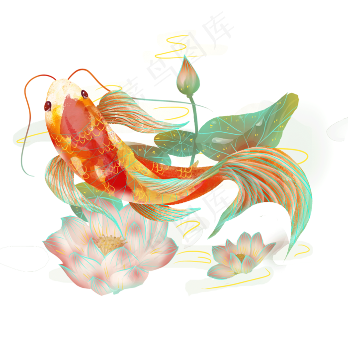 国潮锦鲤荷花莲塘素材,免抠元素(2000*2000px 300 dpi )psd模版下载
