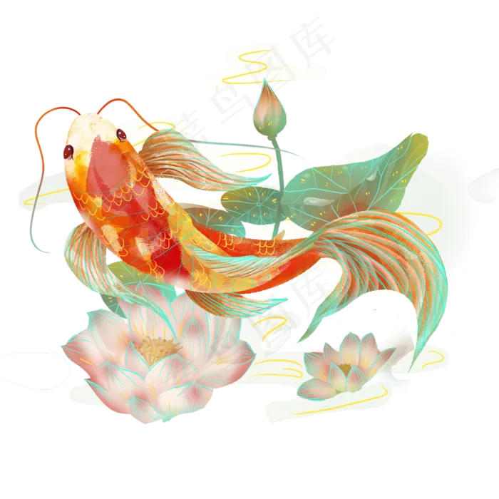 国潮锦鲤荷花莲塘素材,免抠元素(2000*2000px 300 dpi )psd模版下载