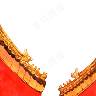 彩色手绘故宫红墙装饰画,免抠元素