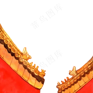 彩色手绘故宫红墙装饰画,免抠元素