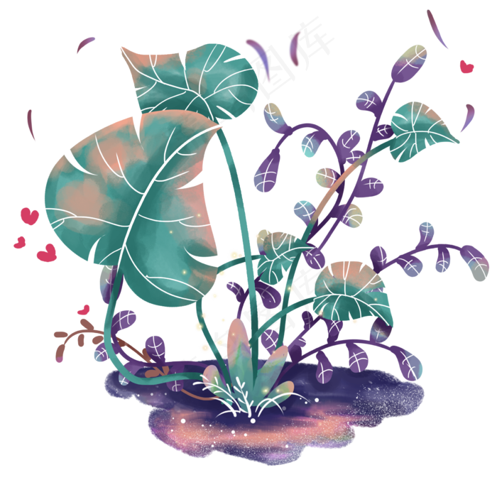 撞色热带树叶插画,免抠元素