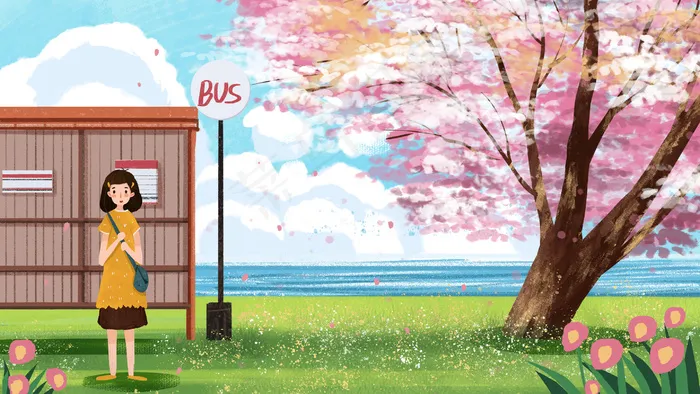 风景樱花树下等车治愈系小清新(2880X1620(DPI:300))psd模版下载