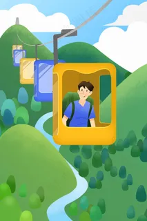 绿色系扁平风51出游缆车男孩配图