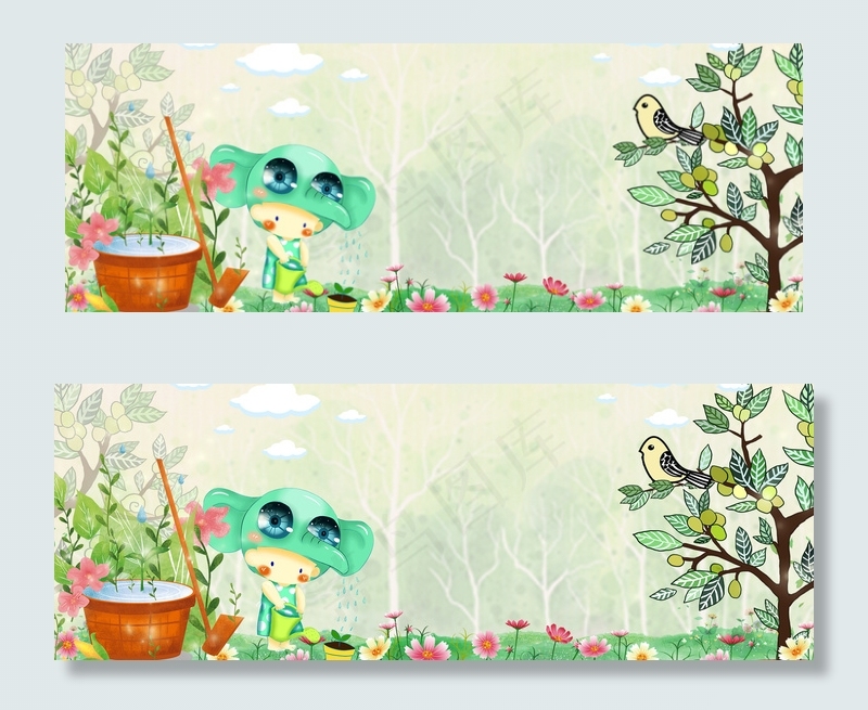 春天种花的小孩和小鸟