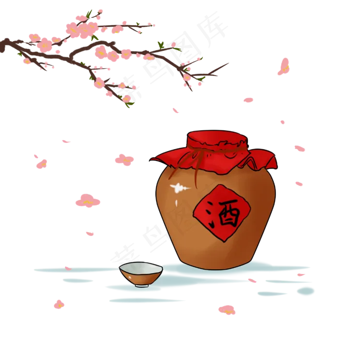 中国风传统酒坛酒杯桃花酒手绘插,免抠元素(3000*3000px 300 dpi )psd模版下载