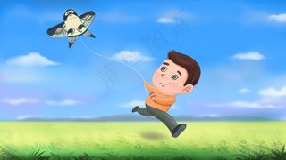 春天漫画风春分放风筝小男孩配图