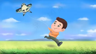 春天漫画风春分放风筝小男孩配图