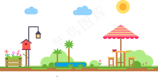 扁平矢量卡通路灯树椅子花太阳伞