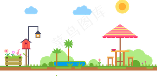 扁平矢量卡通路灯树椅子花太阳伞