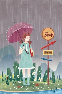 下雨天小女孩在车站等车小清新