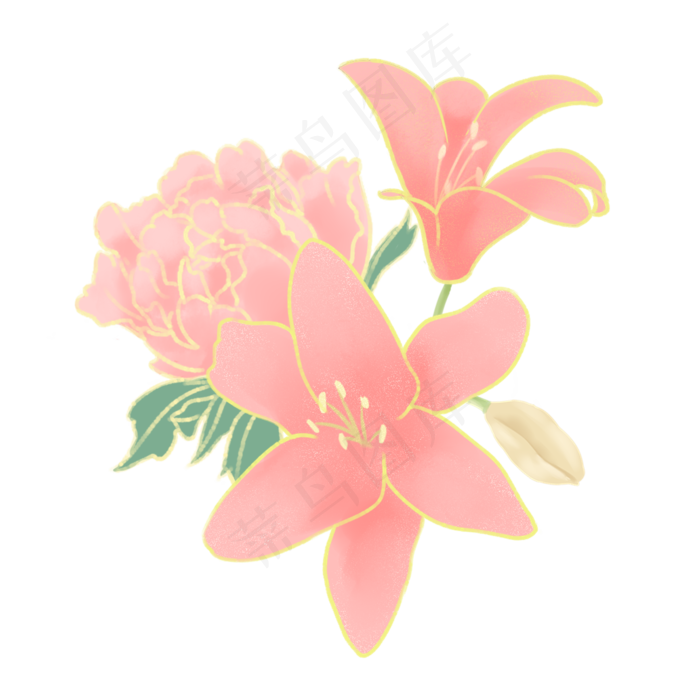 节日金边粉色手绘花叶装饰,免抠元素