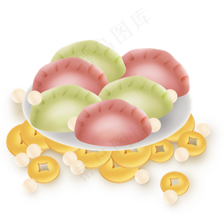 一盘彩色的饺子和铜钱,免抠元素