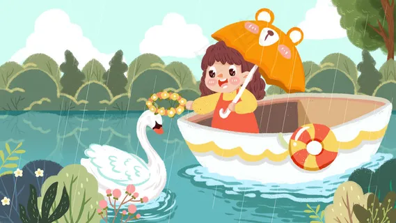 蓝色小清新谷雨女孩划船天鹅 蓝色小清新谷雨女孩划船天鹅