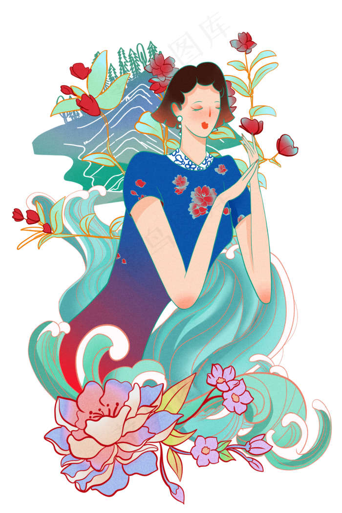 国潮旗袍少女,免抠元素