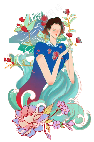国潮旗袍少女,免抠元素