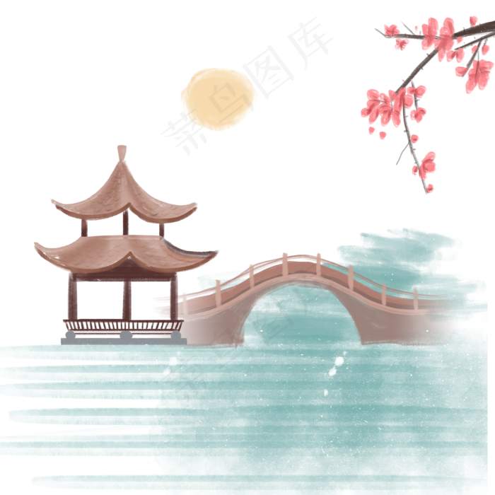 水彩风小桥流水(2000X2000(DPI:300))psd模版下载