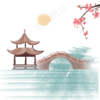 水彩风小桥流水