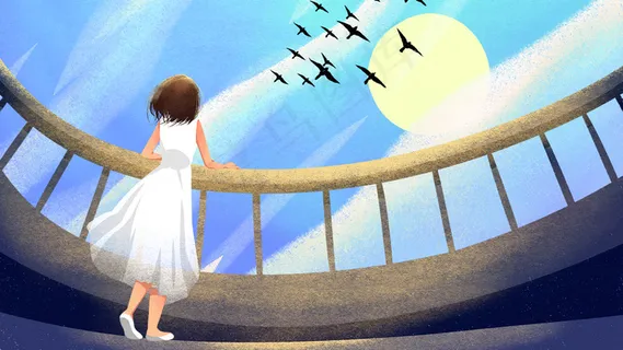 蓝色系卡通手绘风治愈美景配图