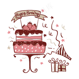 手绘粉色系生日蛋糕和礼物PNG免抠