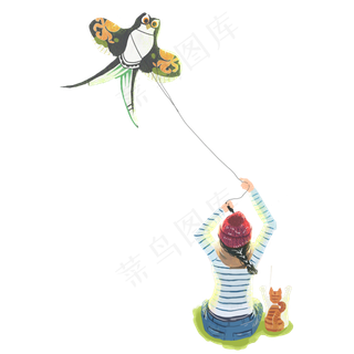 立春节气放风筝的小女孩卡通手绘,免抠元素