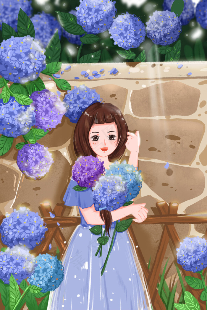 怀抱绣球花赏花的女孩(3545*5315px 300 dpi )psd模版下载
