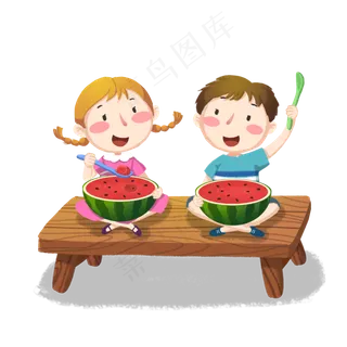 男孩女孩坐板凳上开心吃西瓜