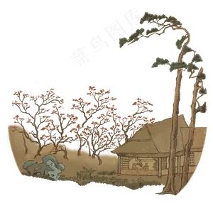中国水墨工笔村庄桃花茅屋石松PNG,免抠元素