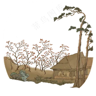 中国水墨工笔村庄桃花茅屋石松PNG,免抠元素 中国水墨工笔村庄桃花茅屋石松PNG,免抠元素