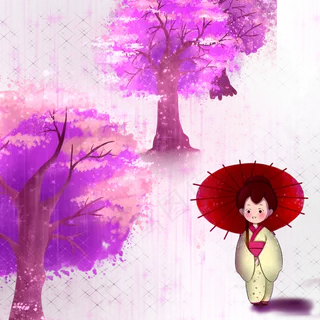 樱花树花海日本樱花和服卡通女子,免抠元素