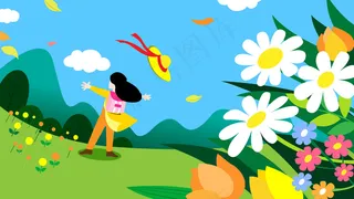 扁平风51出游女孩玩耍配图