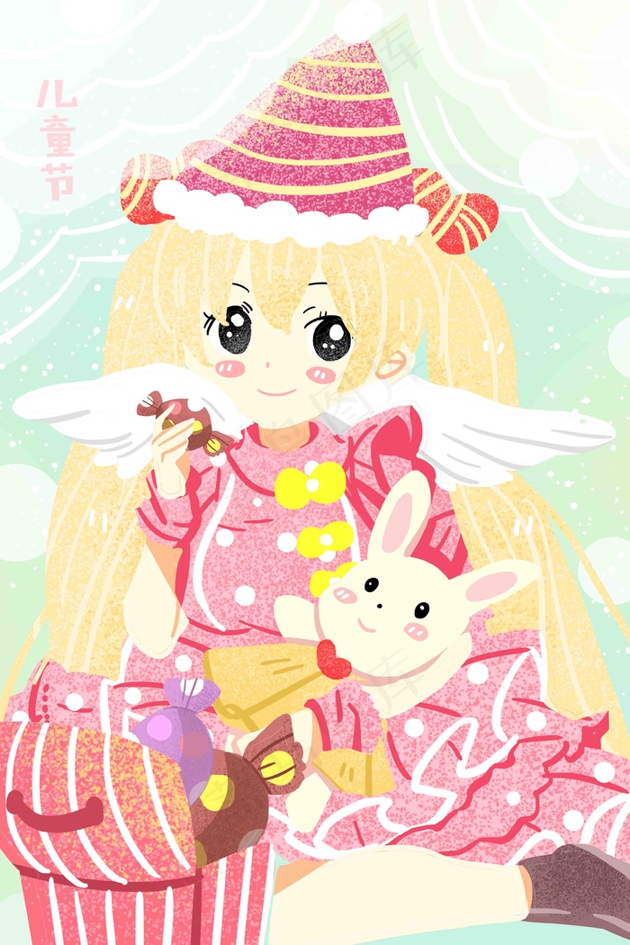 儿童节卡通风格清新少女手绘唯美插画