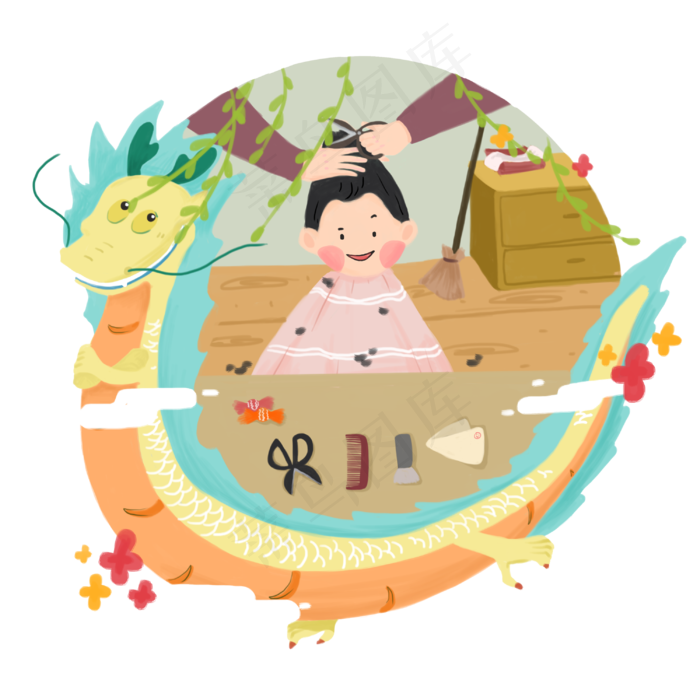 年俗2月2理发剃头PNG少年,免抠元素(3000X3000(DPI:300))psd模版下载