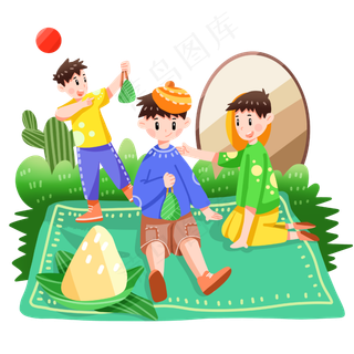 端午节野餐粽子卡通手绘人物免抠