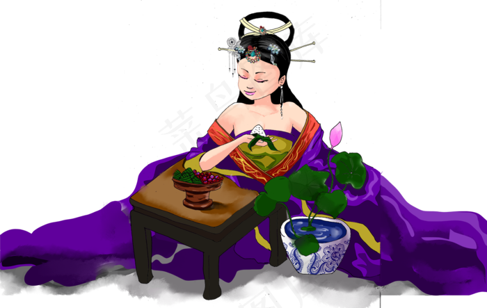 传统美食粽子与古典美女手绘