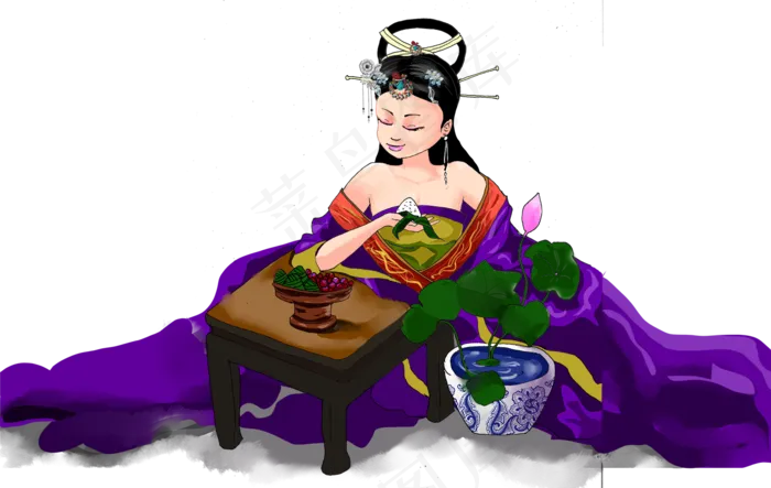 传统美食粽子与古典美女手绘(1579X1000(DPI:300))psd模版下载