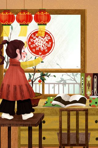 冬日小年节日贴窗花的可爱女孩