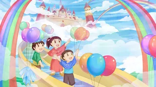 儿童们在六一节里通向空中城堡