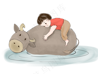 清明节中国风水彩牧童和水牛,免抠元素