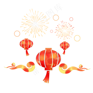 新年喜庆红灯笼烟花,免抠元素