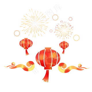 新年喜庆红灯笼烟花,免抠元素