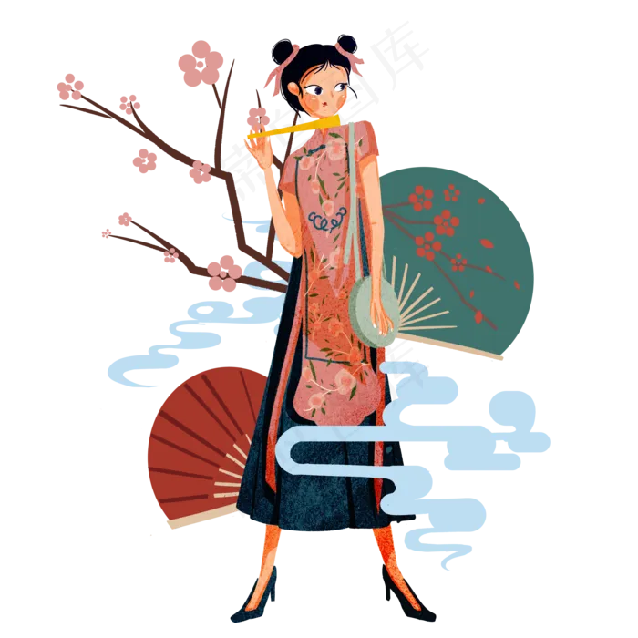 国潮可爱旗袍少女,免抠元素(3500X3500(DPI:300))psd模版下载