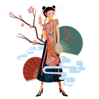 国潮可爱旗袍少女,免抠元素