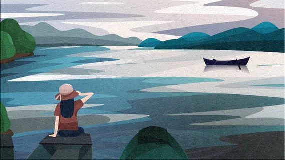 小女孩坐在船头看河面的风景