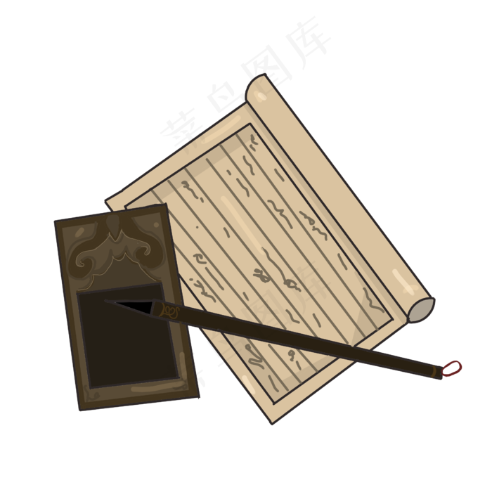 手绘笔墨纸砚插画,免抠元素