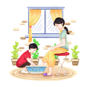 手绘感恩节给妈妈洗脚尽孝心原创,免抠元素