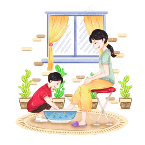 手绘感恩节给妈妈洗脚尽孝心原创,免抠元素